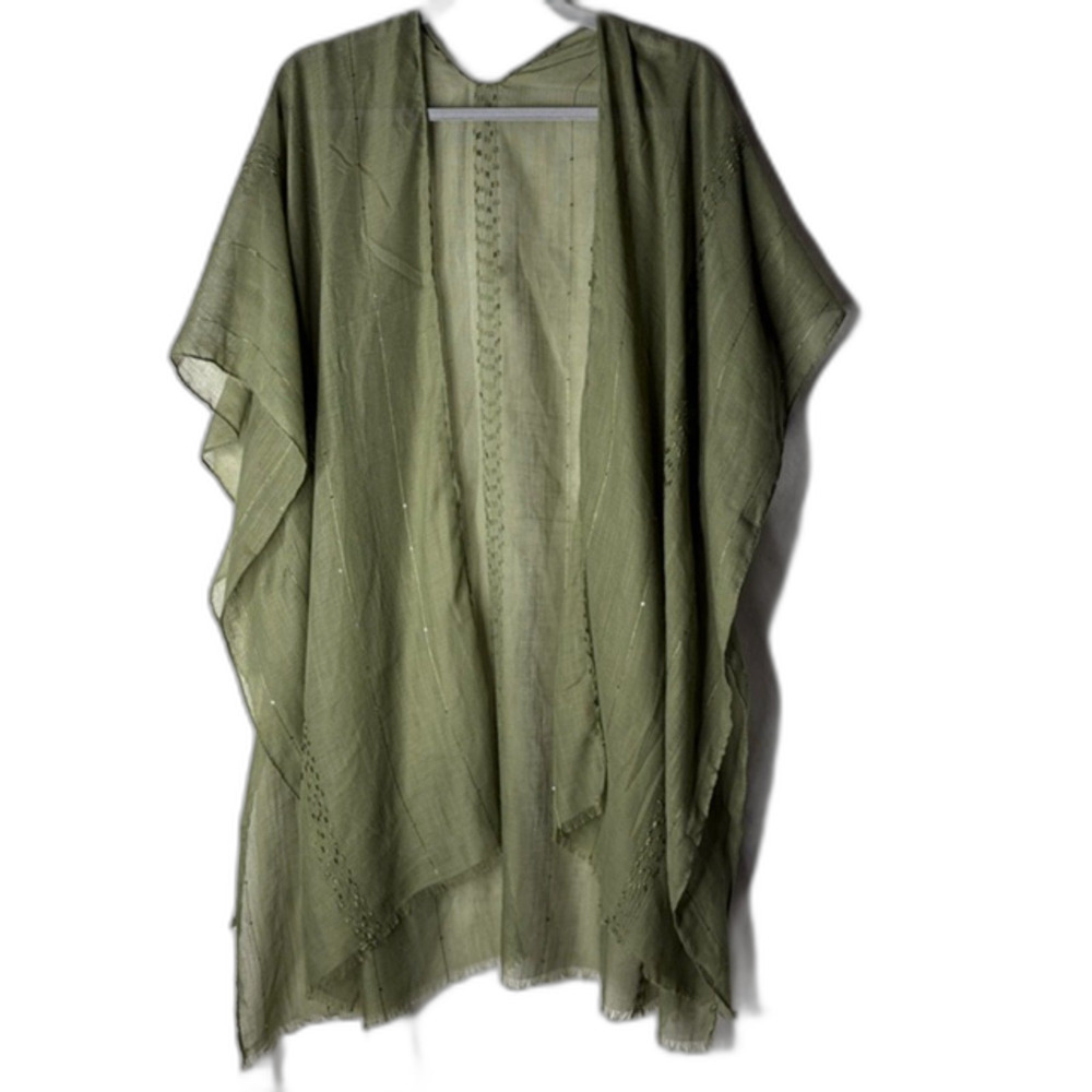 Olive green lightweight summer boho kimono with textured details coverup